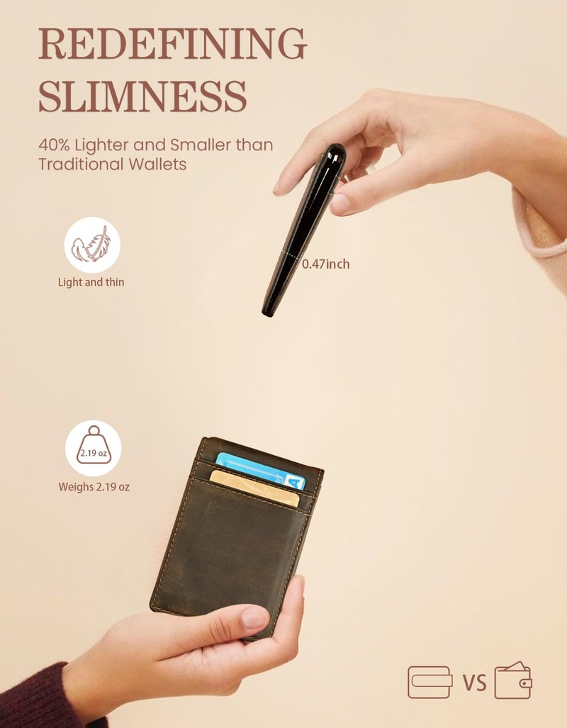kinzd Slim Wallet with Money Clip RFID Blocking Minimalist Bifold Wallet for Men Genuine Leather Front Pocket Card Holder (AS137 - Crazy Horse Leather Dark Brown) - Image 3